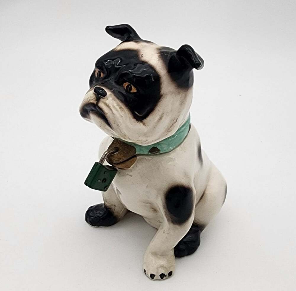 Vintage 1950 Kreiss 2 Piece Bulldog Ceramic Coin Bank With Lock 6.5" Tall MCM